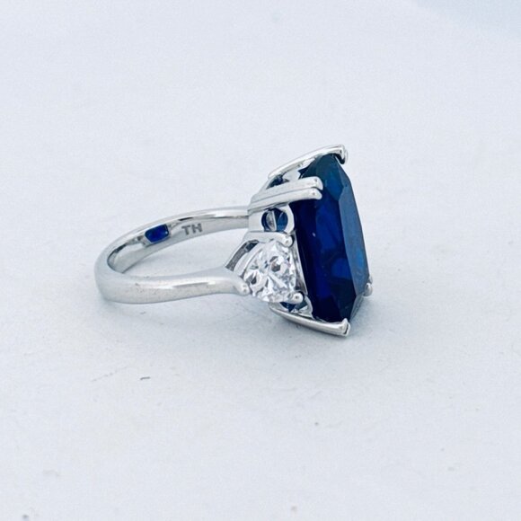 Estate 925 Silver Simulated Sapphire Ring w/ CZ Accents Rhodium Plated Sz 6 - Picture 2 of 10